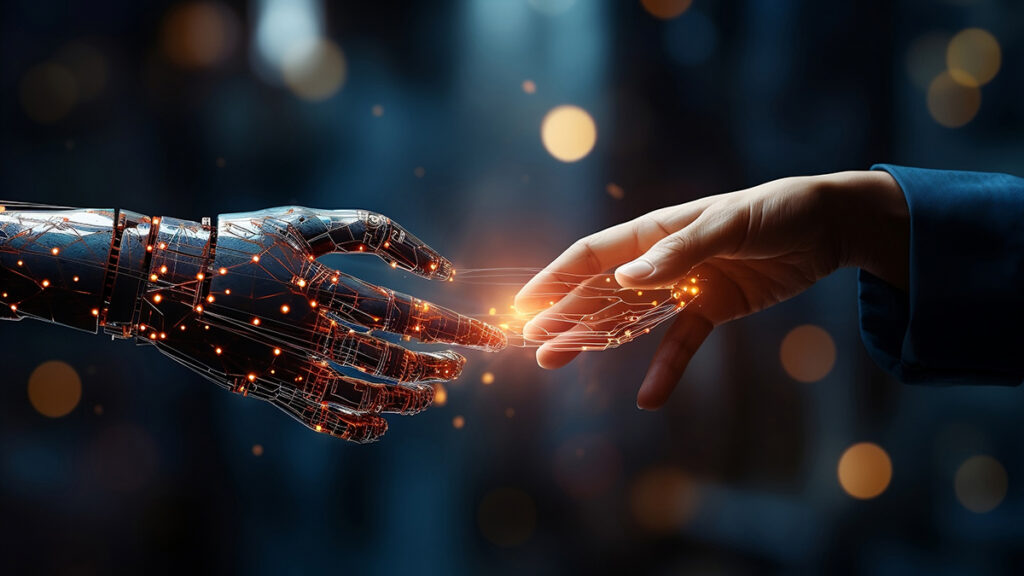 Hands of robot and human touching on big data network connection background