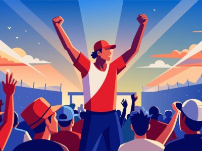 A crowd of people celebrating the victory of their favorite sports team. A man waves his hands and shouts slogans of support. Vector illustration