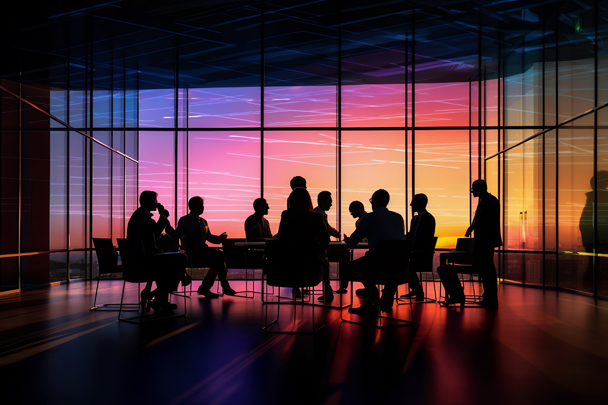 Silhouettes of people in a meeting room with a colorful window behind them