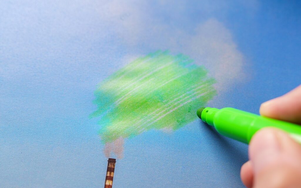 Picture of someone drawing green smoke coming out of a factory chimney
