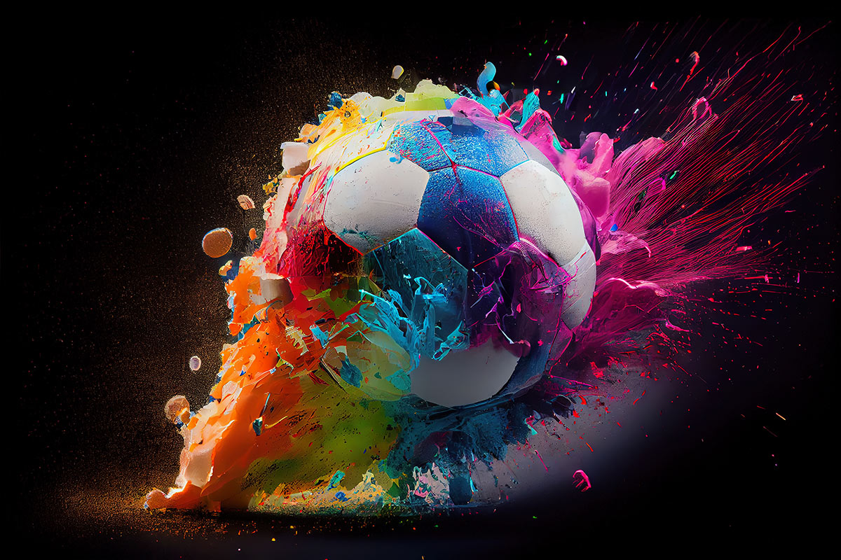 Illustration of a football which explodes in rainbow colors against dark background.
