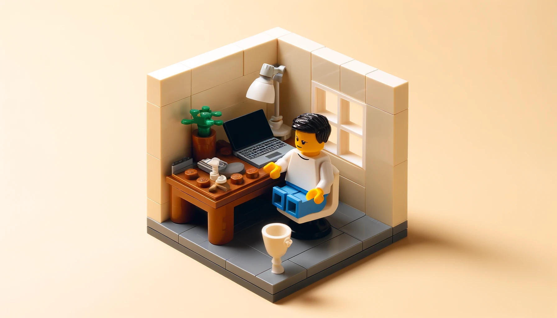 A simple Lego scene showing a Lego minifigure at a small desk inside a Lego home office.