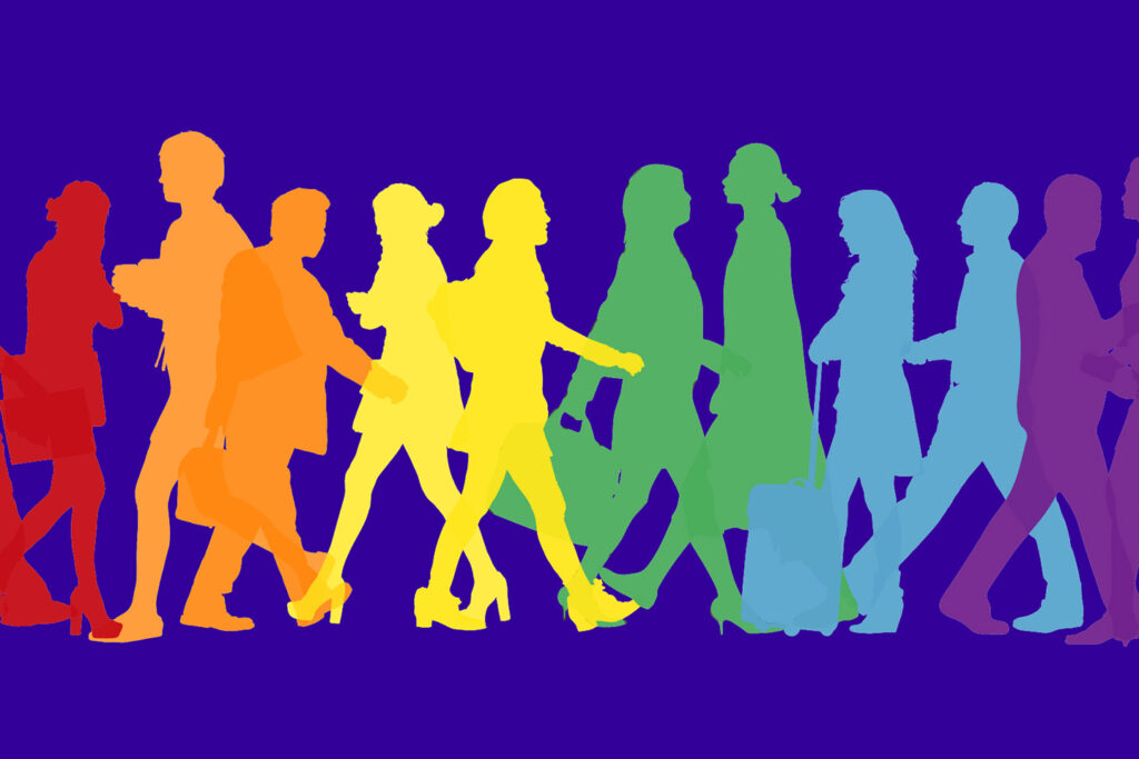 Silhouette of people walking on a colored background