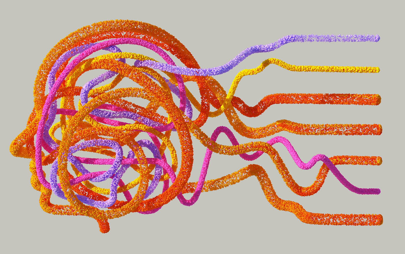 AI generated image depicting lots of different data flowing into a brain and getting jumbled up.