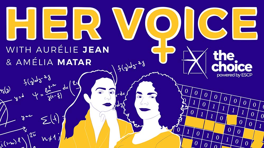 Image of the Her Voice logo with photos of our two guests Aurélie Jean and Amélia Matar