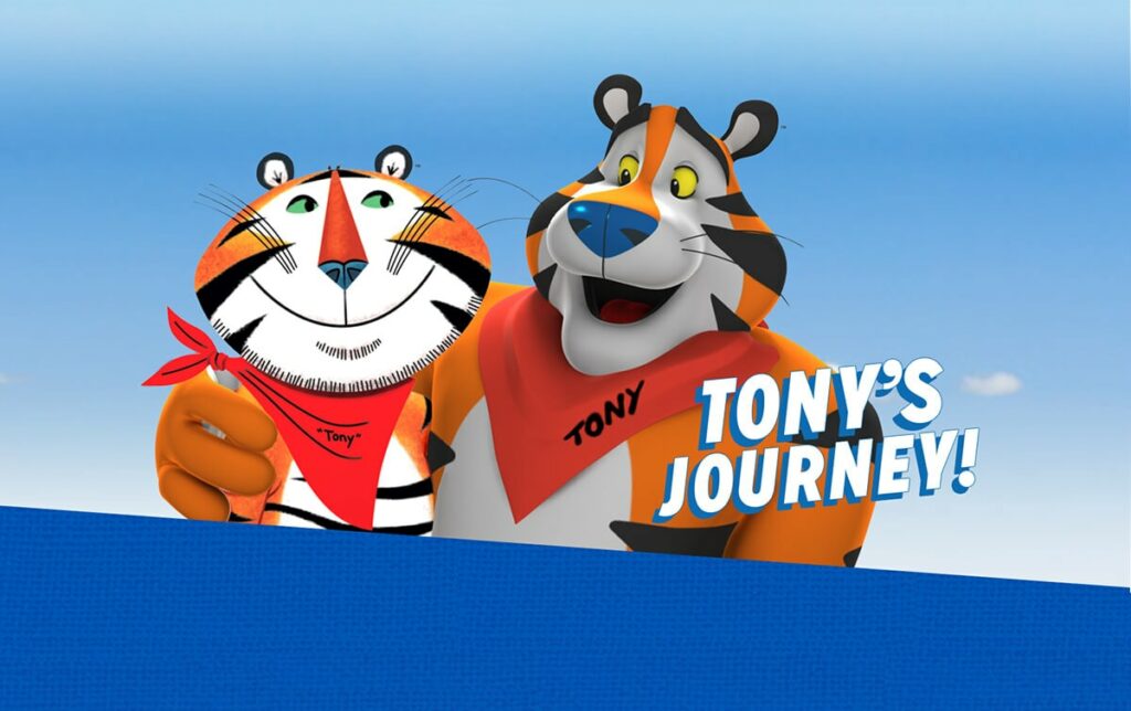 Picture of Tony the Tiger, advertising cartoon mascot for Kellogg's Frosted Flakes (​also known as Frosties) breakfast cereal.