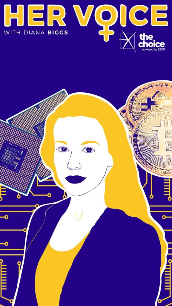 Illustration with a photo of Diana Biggs, the CEO of Valour, with bitcoin illustrations in the background.