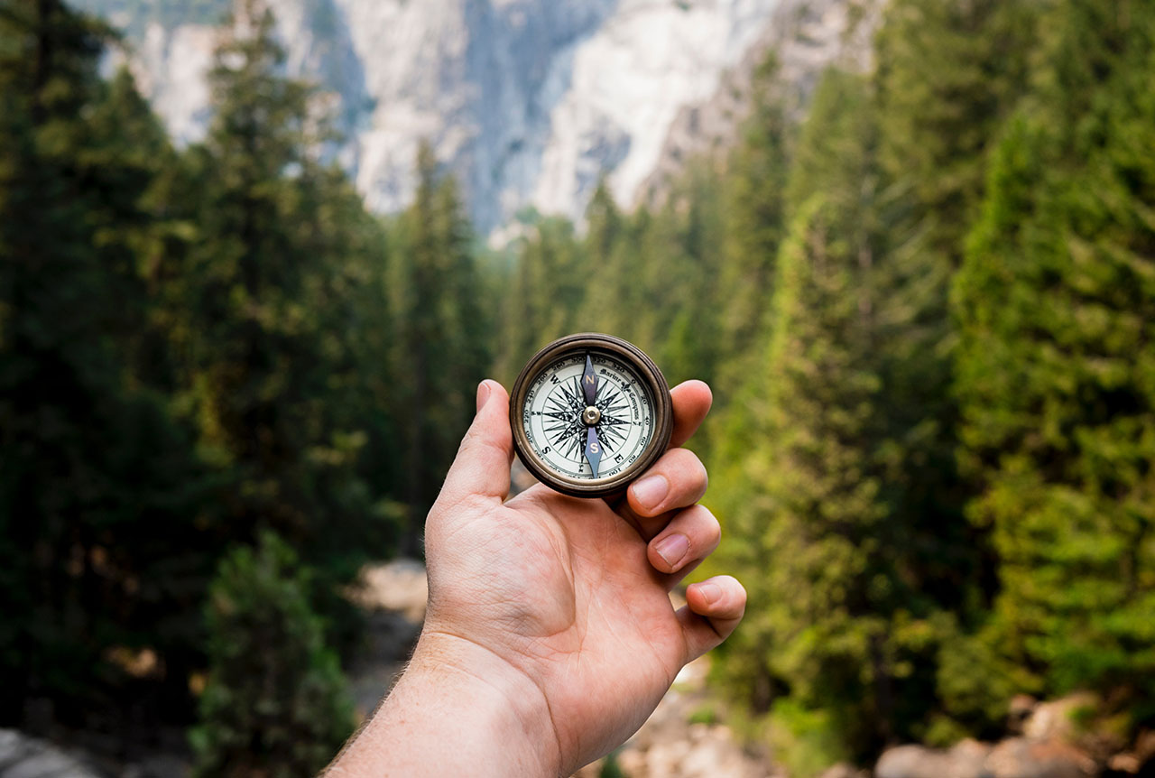 Person holding compass facing towards green pine trees, ©Jamie Street / Unsplash