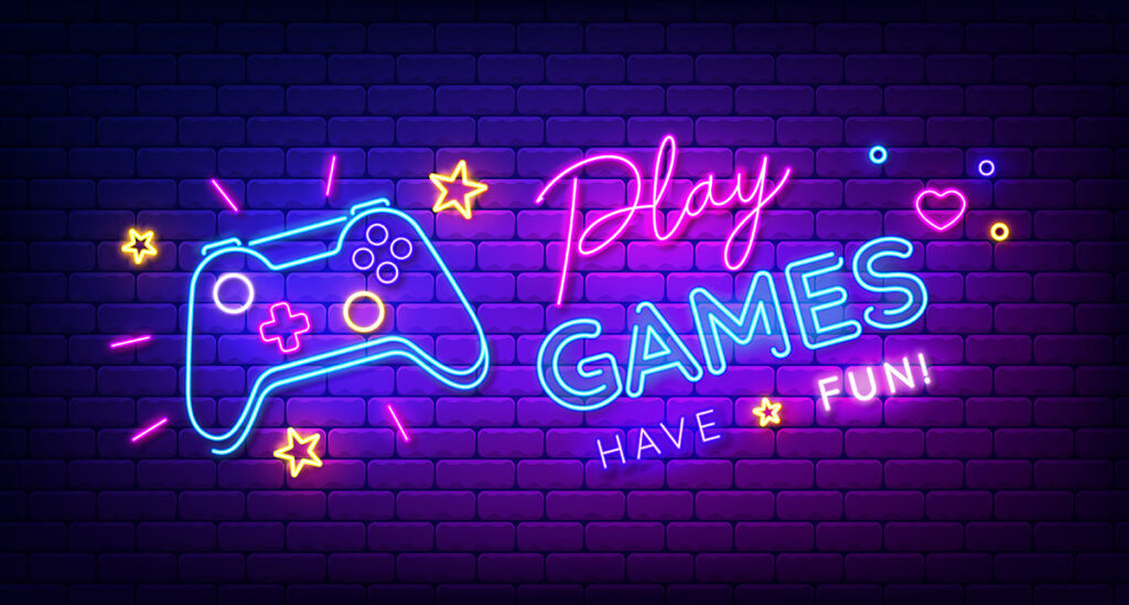 Play Games have fun neon sign with game pad, bright signboard, light banner.