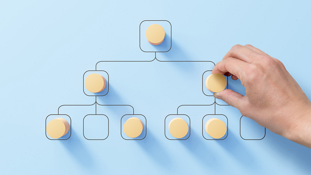 Organizational chart with human resource manager's hand placing wooden piece