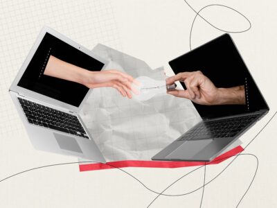 In digital art that looks like a collage, two hands reach out of two different laptop screens and one hand is passing a lightbulb to the other one,