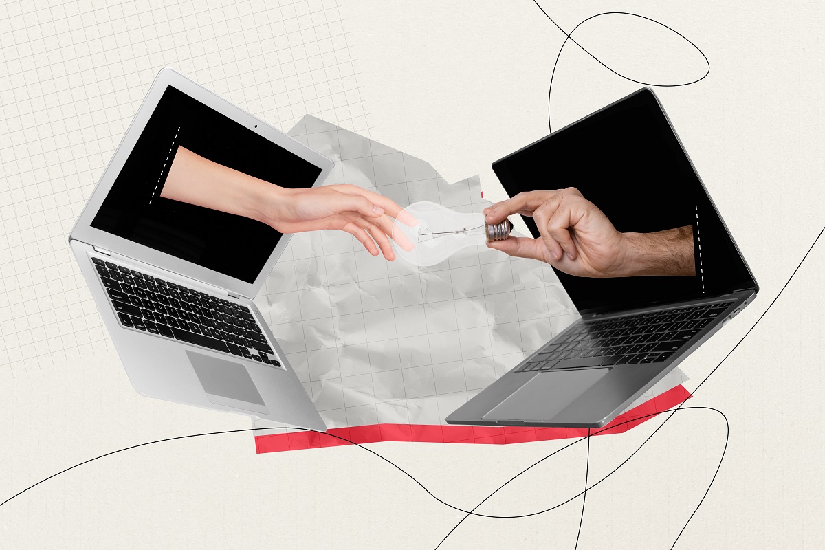 In digital art that looks like a collage, two hands reach out of two different laptop screens and one hand is passing a lightbulb to the other one,