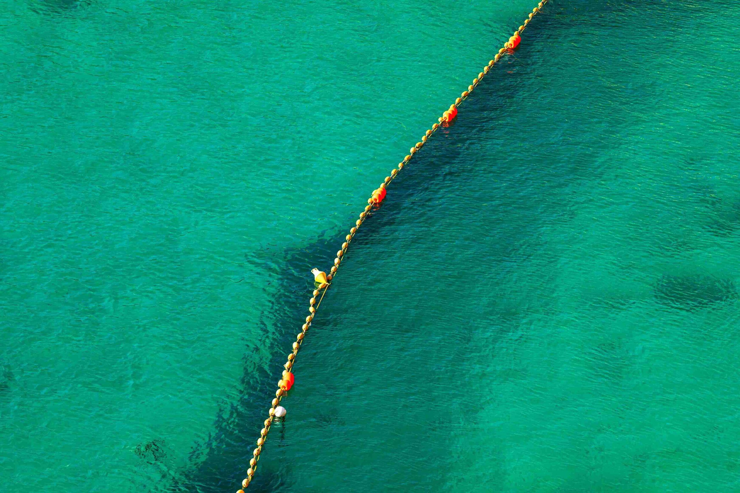 A line of bouys divides a bright green body of water