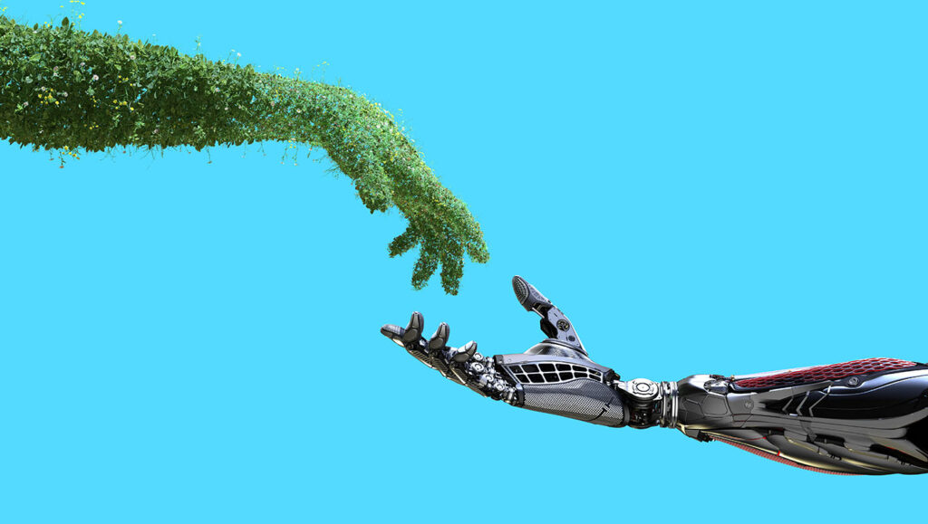 human arm covered with grass and lush and robotic hand on flat background