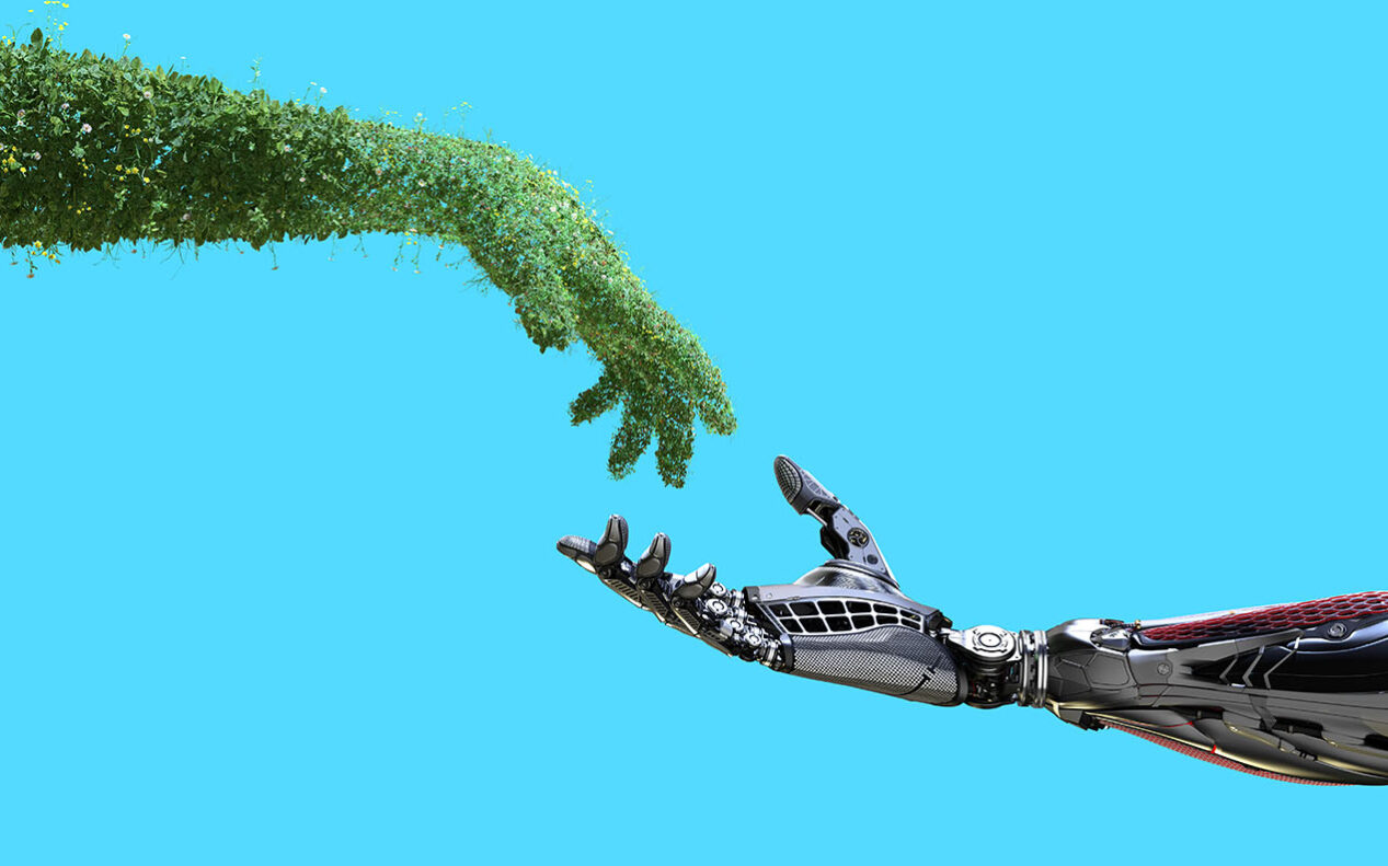 human arm covered with grass and lush and robotic hand on flat background
