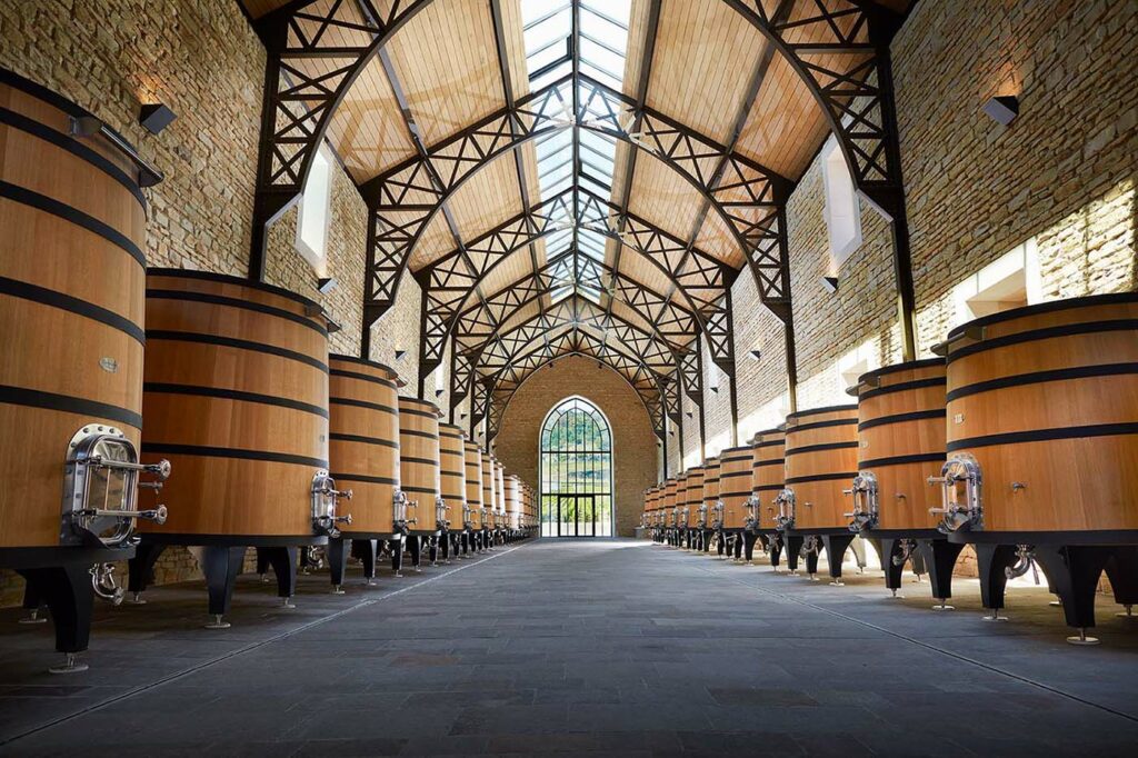 Photo of natural oak wine barrels on the Faiveley estate